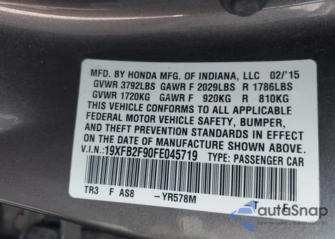 2015 Honda Civic Ex-L z USA, uszkodzony, nr VIN 19XFB2F90FE045719